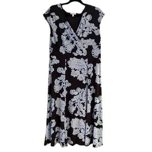 Croft & Barrow Floral Black & Blue Midi Dress | V-Neck | Size Large Pullover